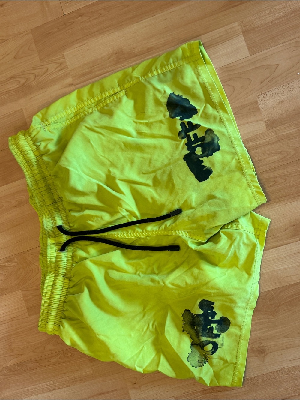 Off-White Neon Yellow Men’s Swim Shorts with Black Drawstring